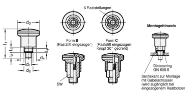 GN 822 Miniraster, verdeckte Rastmechanik mit rotem Knopf