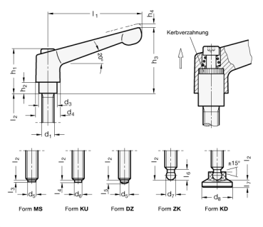 Preview: GN 306 Verstellbare Klemmhebel, Schraube mit Sonderzapfen