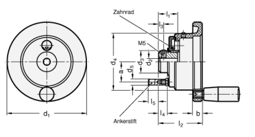 Handräder für Stellungsanzeiger >> Außendurchmesser d1 = 110 > Bohrung d2 = B 10 > Form = D, mit drehbarem Griff