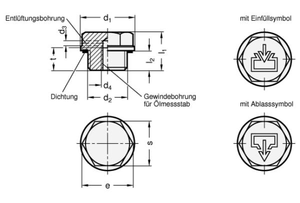 GN 741 Verschlussschrauben mit und ohne Symbol aus Aluminium, beständig bis 100 °C, blank