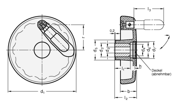 Umleggriff-Handräder, Kunststoff, Buchse / Umlegmechanik Edelstahl >> Außendurchmesseer d1 = 125 > Bohrungskennzeichnung = B, ohne Nabennut > Durchmesser d2 = 12
