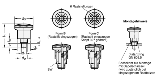 GN 822 Miniraster, verdeckte Rastmechanik mit rotem Knopf