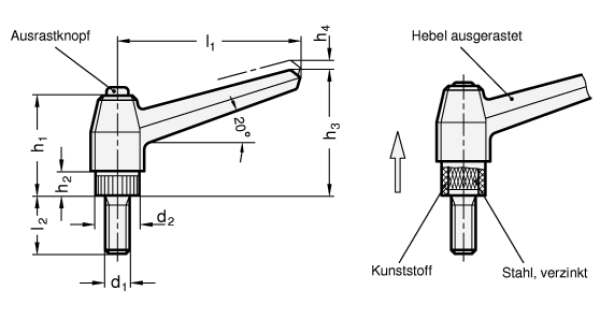 GN 503 Verstellbare Klemmhebel, Kunststoff, Außengewinde