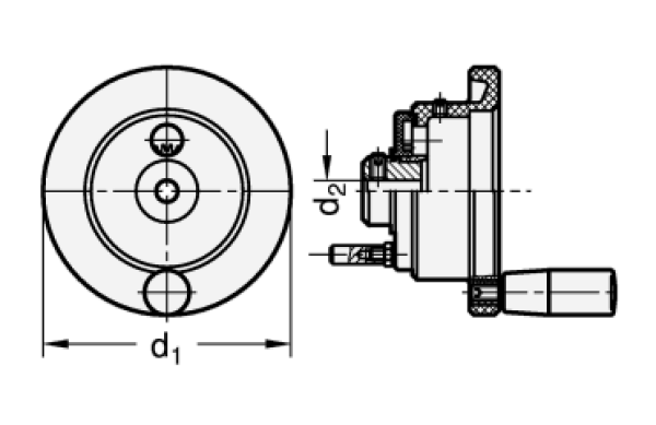 Handräder für Stellungsanzeiger >> Außendurchmesser d1 = 110 > Bohrung d2 = B 10 > Form = D, mit drehbarem Griff