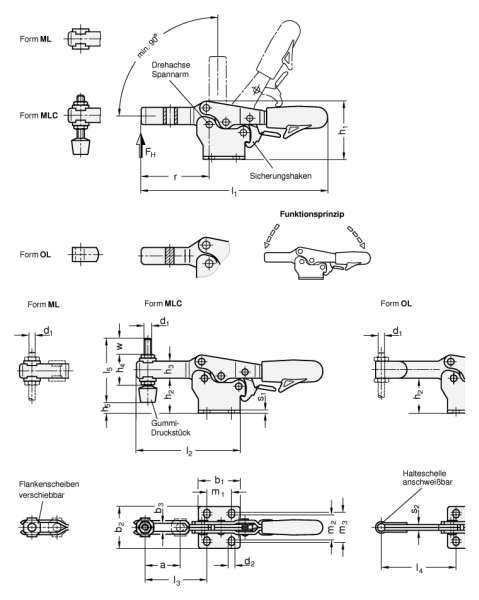 GN 820.3 Edelstahl-Horizontal-Spanner mit Verriegelung und waagrechtem Fuß