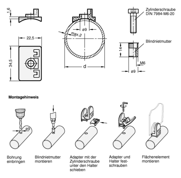 GN 649.1 Adapter für Halter für Flächenelemente an Rundrohre