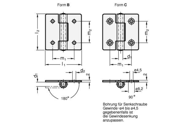 GN 136 Blechscharniere Stahl o. Edelstahl, quadratisch o. vertikal verlängert