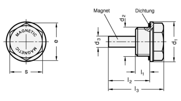 GN 738.1 Magnetstopfen aus Aluminium mit Viton-Dichtung, beständig bis 180 °C, schwarz eloxiert