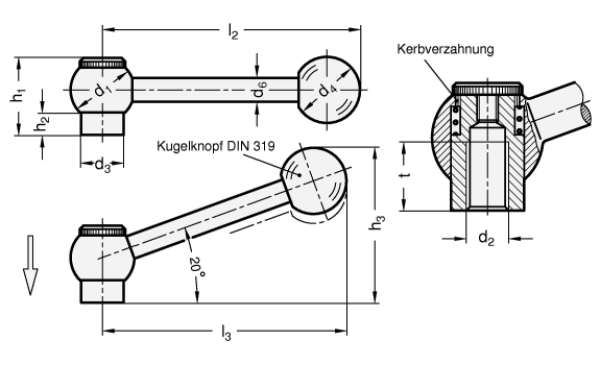 GN 6337.3 Verstellbare Kugelgriffe, Stahl