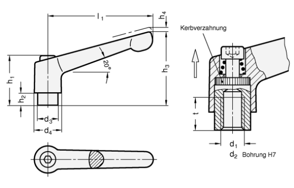 GN 300 Verstellbare Klemmhebel, Zink-Druckguss, Buchse Stahl