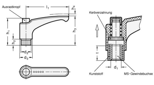 GN 603 Verstellbare Klemmhebel, Kunststoff, Innengewinde