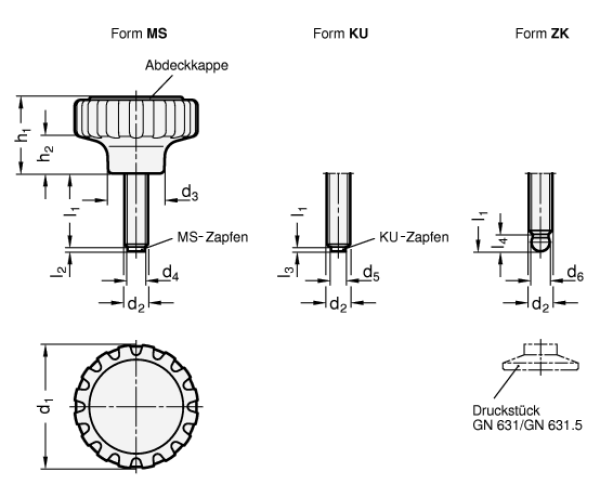 GN 7336.5 Rändelgriffschrauben mit Druck- und  Kugelzapfen