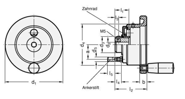 Handräder für Stellungsanzeiger >> Außendurchmesser d1 = 110 > Bohrung d2 = B 10 > Form = D, mit drehbarem Griff