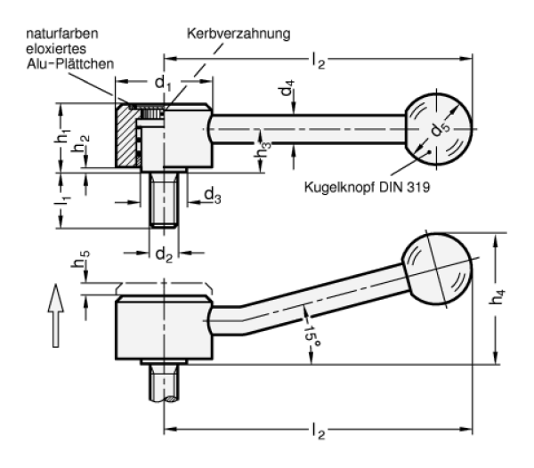 GN 125.5 Verstellbare Flachspannhebel mit Außengewinde, Edelstahl