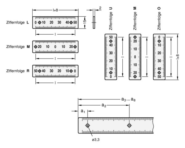 GN 711.2 Maßstäbe mit Befestigungsbohrungen Ø 3,3