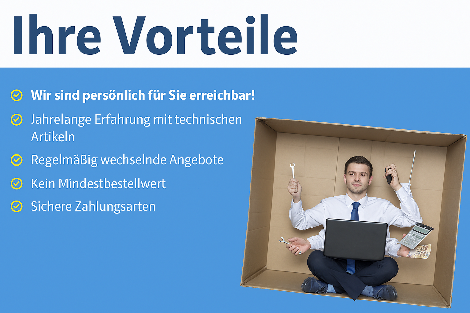 Vorteile schraubbar.de - persönliche Anpsrechpartner, regelmäßig wechselnde Angebote, kein Mindestbestellwert, Versandkostenfrei ab 100€ u.v.m.